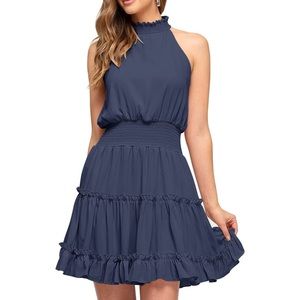 Women's Summer Casual Halter Neck Dress Sleeveless Smocked Waist Ruffle Dress